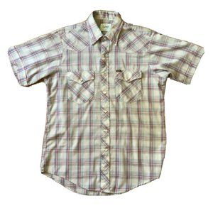 Lee Mens Western Pearl Snap Beige Plaid Shirt Medium USA Made Vintage